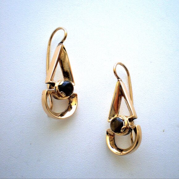 Vintage Solid 14K Yellow Gold Black Star Sapphire Dangle Drop Pierced Earrings - Picture 2 of 6